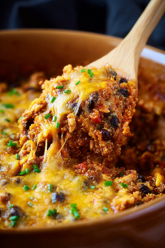 A wooden spoon is in a bowl of slow cooker chicken enchilada quinoa.