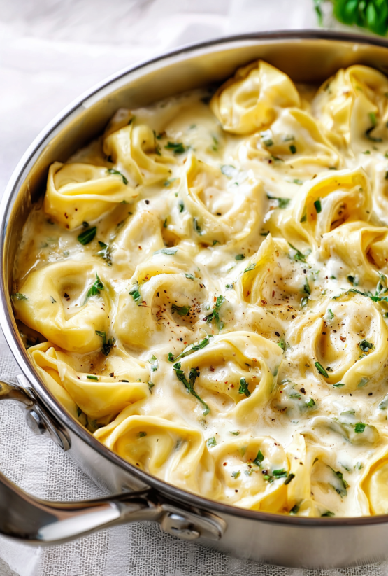 A pan of tortellini alfredo.
