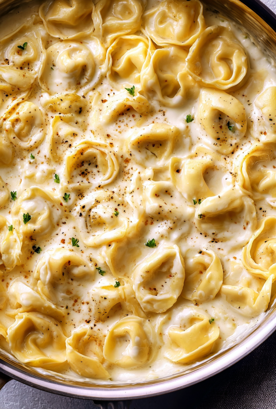 A dish of Alfredo pasta with cheese and herbs.