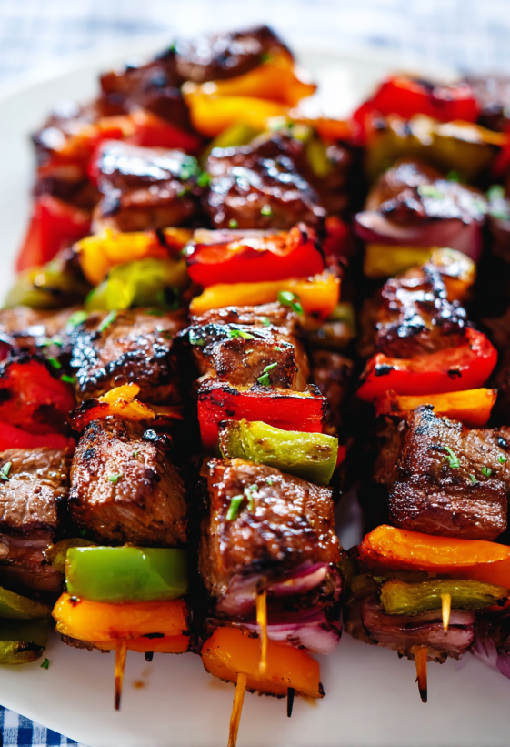 Grilled steak kebabs with peppers and onions.