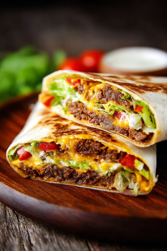 A Crunchwrap Supreme with lettuce, tomatoes, and cheese.