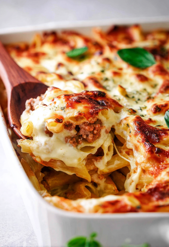 A close up of a red and white pasta dish.