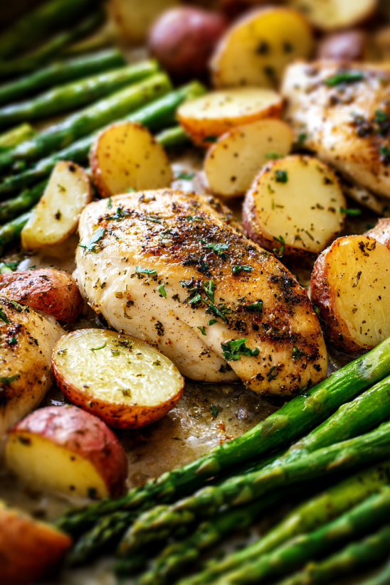 A pan of chicken and vegetables.