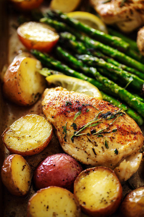 A pan of chicken and vegetables.