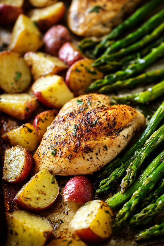 A pan of chicken and vegetables.