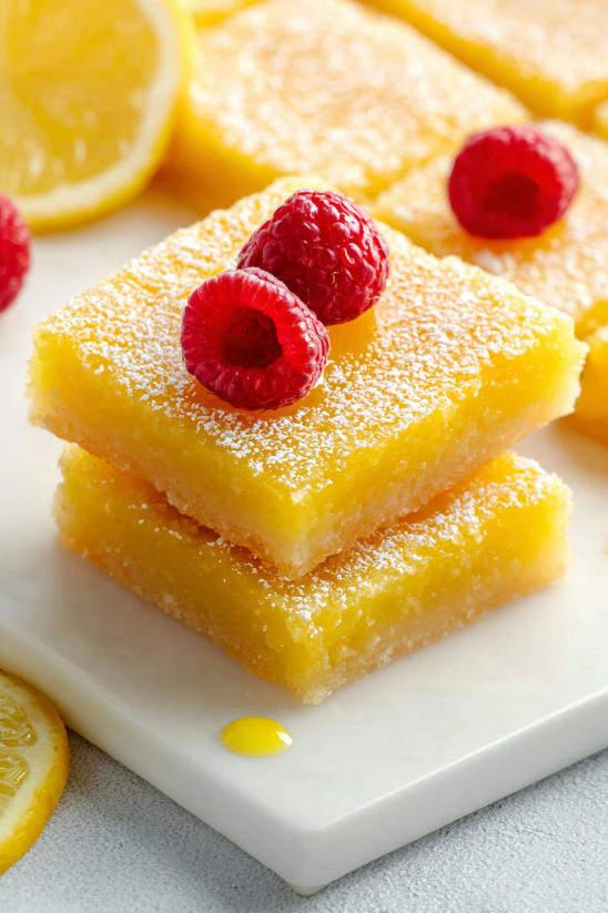Lemon bars with raspberries on top.