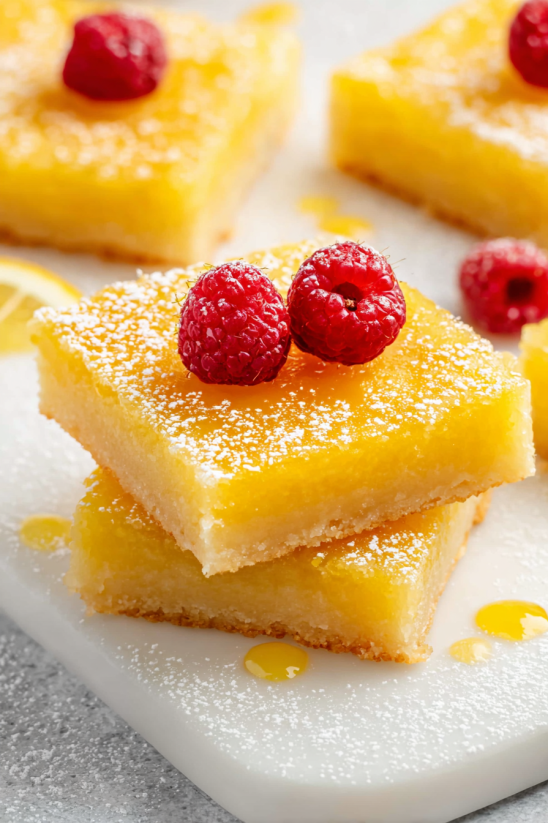 Lemon bars with raspberries on top.