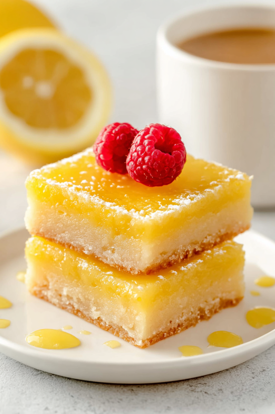 Lemon bars with raspberries on top.