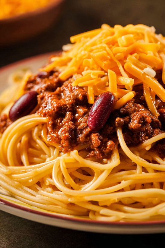 A plate of chili with cheese on top.