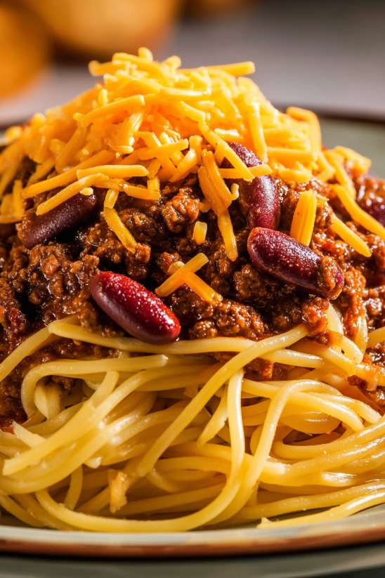 A plate of chili with beans and cheese.