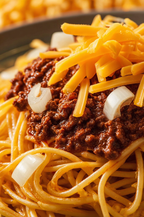 A plate of chili with onions on top.