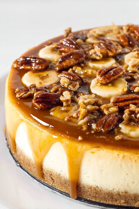 A slice of Bananas Foster Cheesecake.