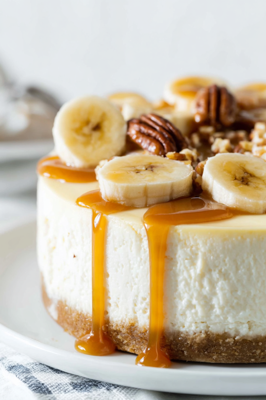 A slice of Bananas Foster Cheesecake.