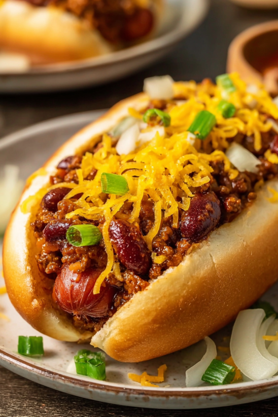 A hot dog with chili and cheese on top.