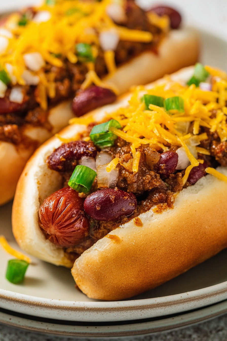 A hot dog with chili on top.