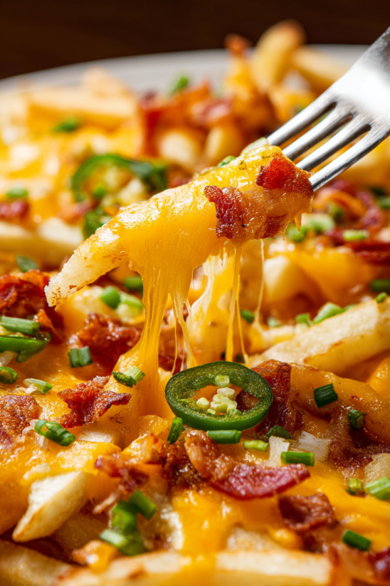 A fork is stuck in a plate of Texas Cheese Fries.