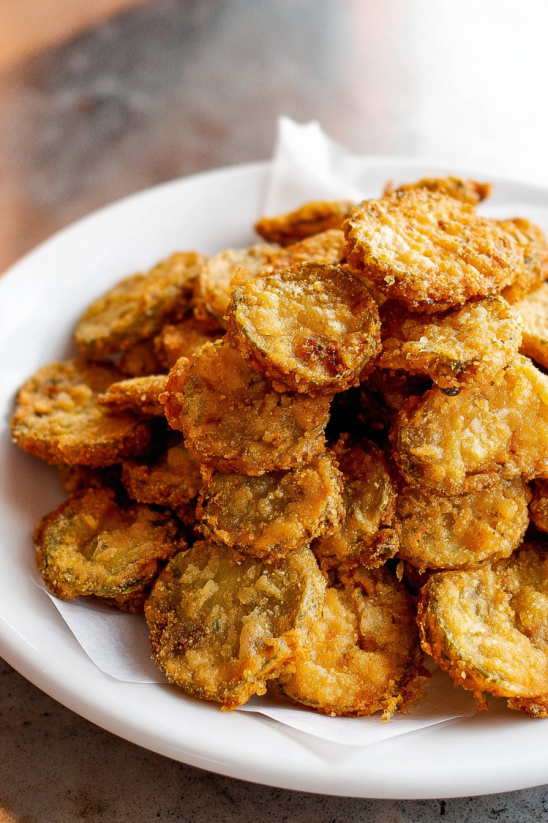 A plate of fried pickles.