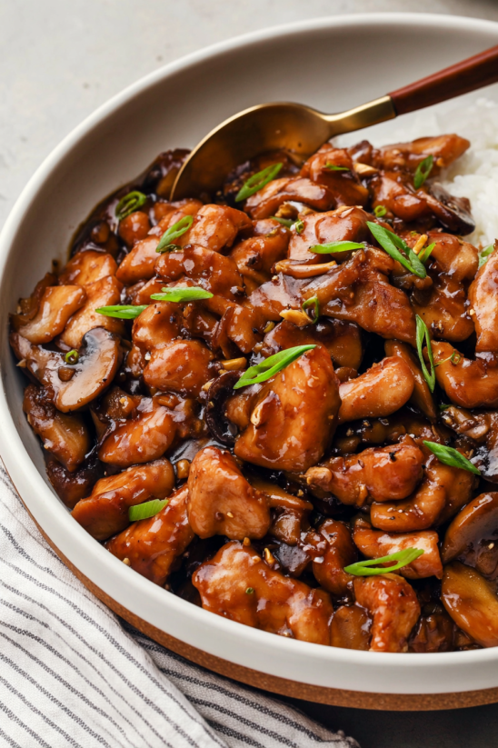A bowl of bourbon chicken.