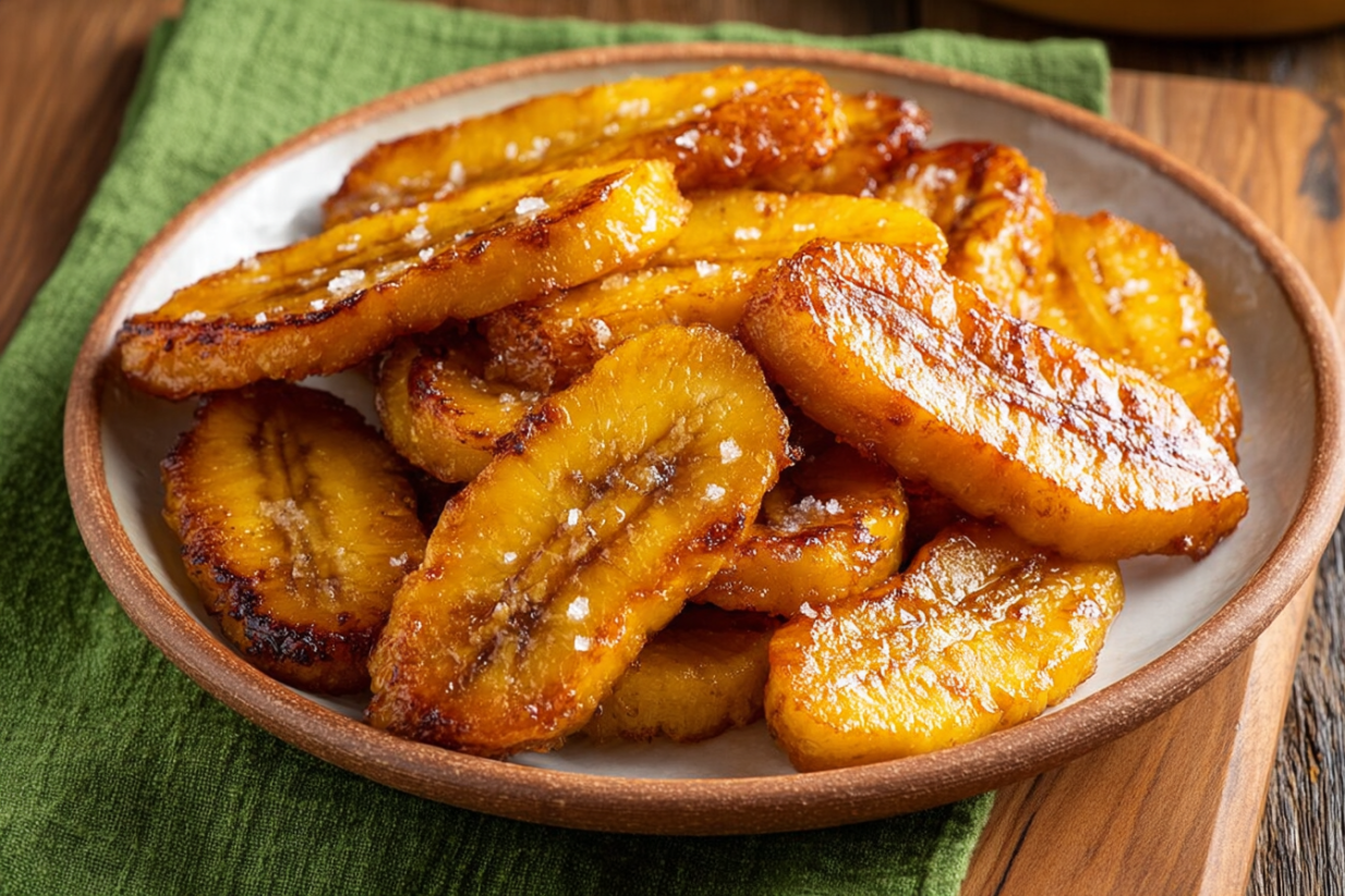 A plate of plantains with salt on top.