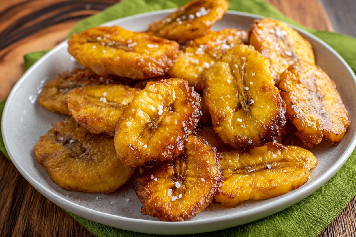 A plate of plantains with salt on top.