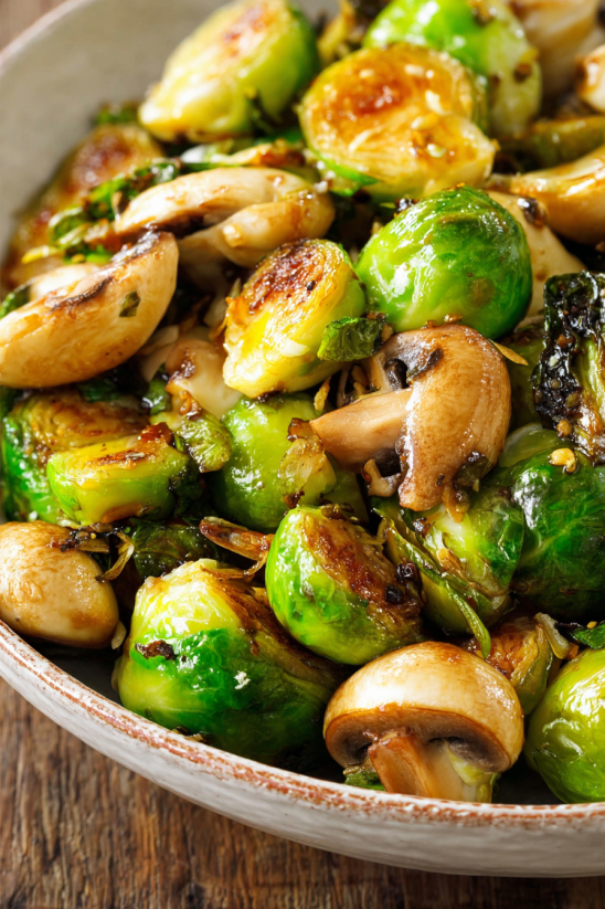 A bowl of sauteed Brussels sprouts with balsamic glaze.