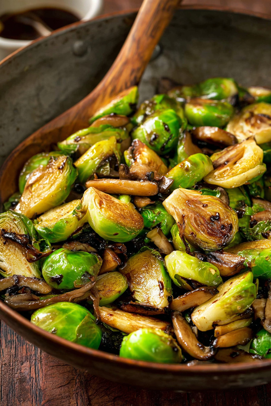A bowl of sauteed Brussels sprouts with balsamic glaze.