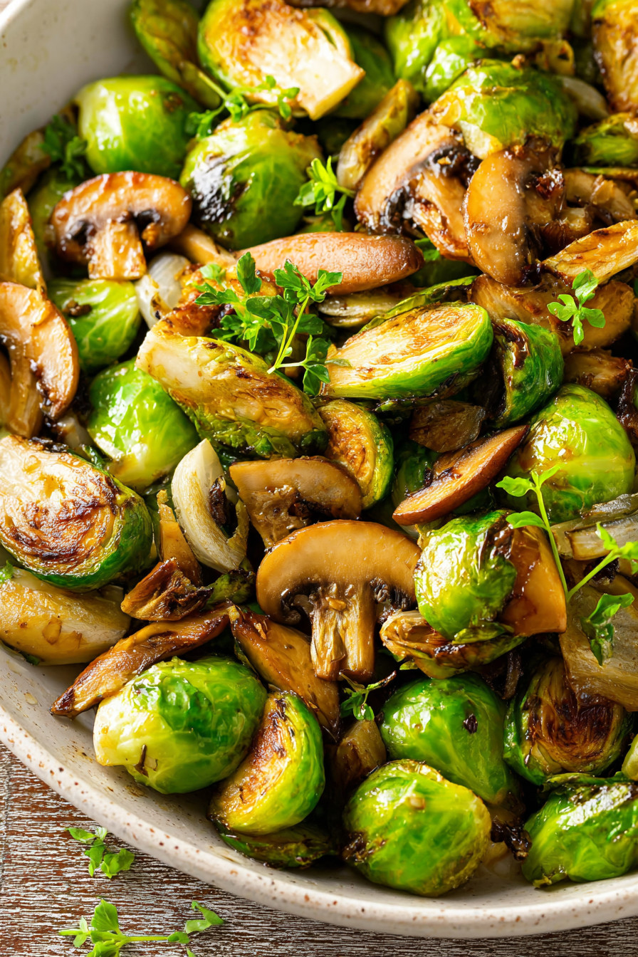 A dish of sauteed Brussels sprouts with balsamic glaze.