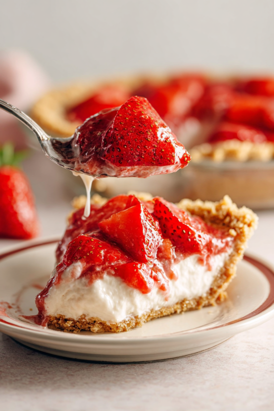 A slice of strawberry pretzel pie with a spoonful of strawberry sauce.