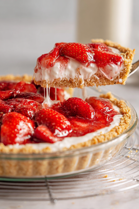 A slice of strawberry pretzel pie.
