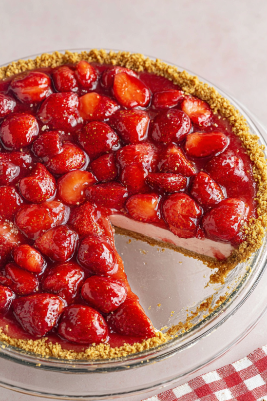 A slice of strawberry pretzel pie.