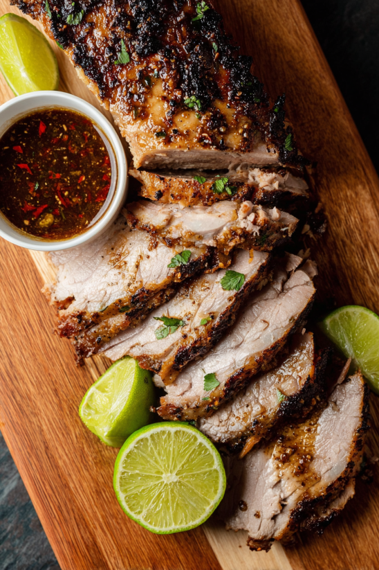 A plate of lechon asado with a bowl of sauce.