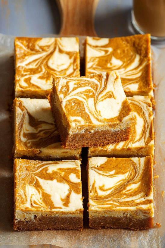 Pumpkin cheesecake bars on a tray.