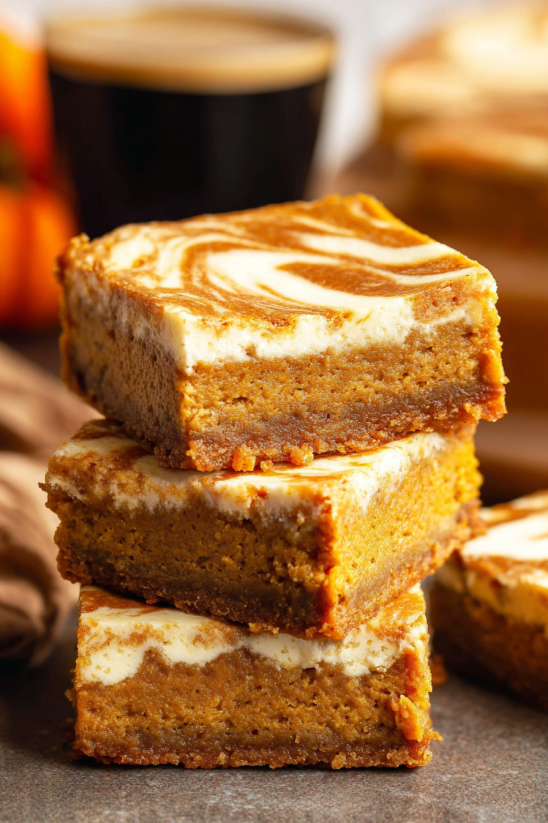 Pumpkin cheesecake bars stacked on a table.