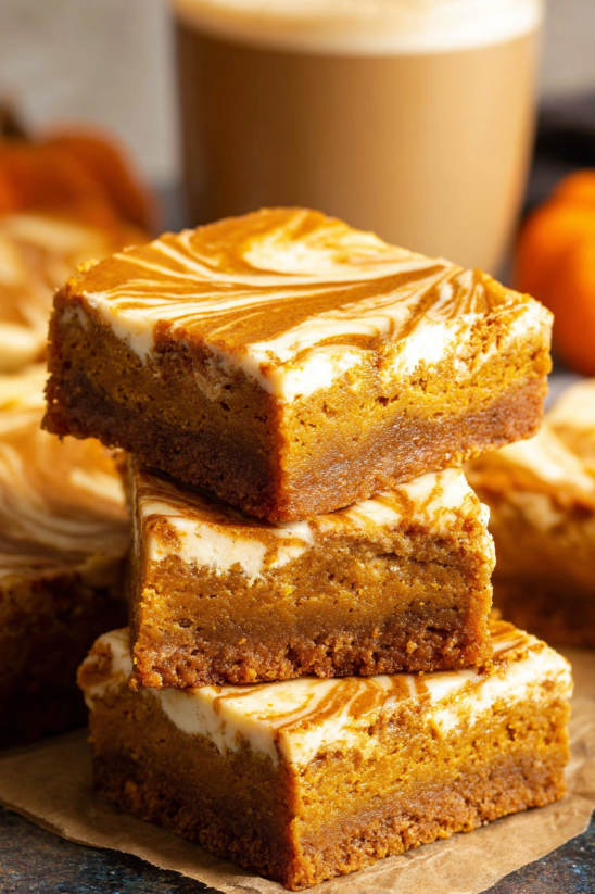 Pumpkin cheesecake bars stacked on a table.