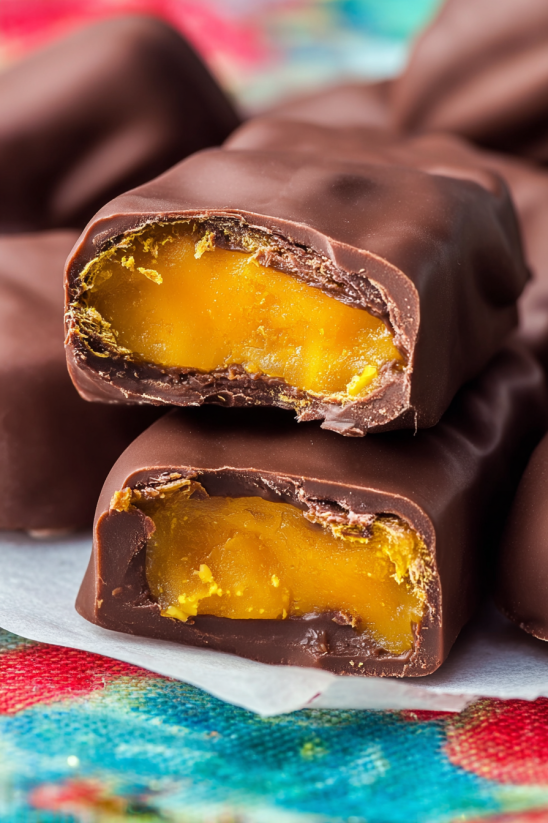 A piece of chocolate with a yellow filling.