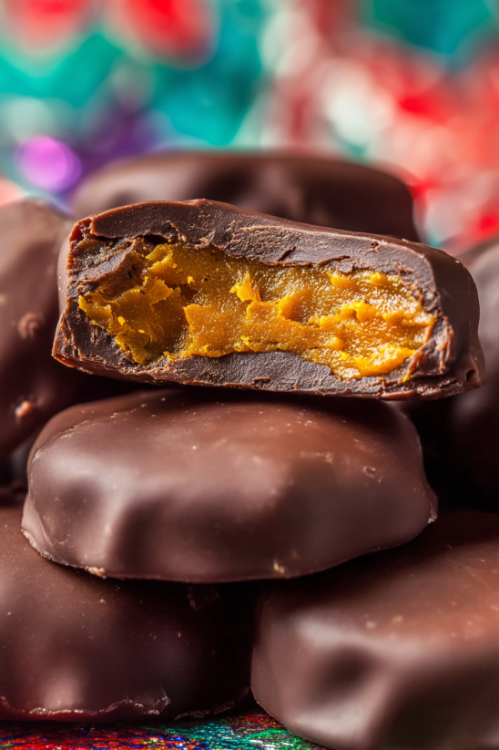 A piece of chocolate candy with a yellow center.
