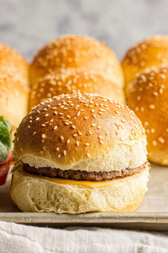 A close up of a brioche bun with a burger in it.