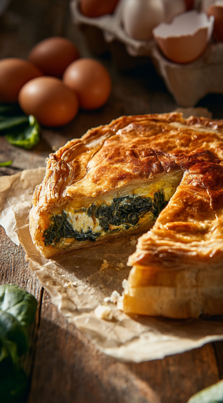 A slice of a pastry with spinach and eggs.