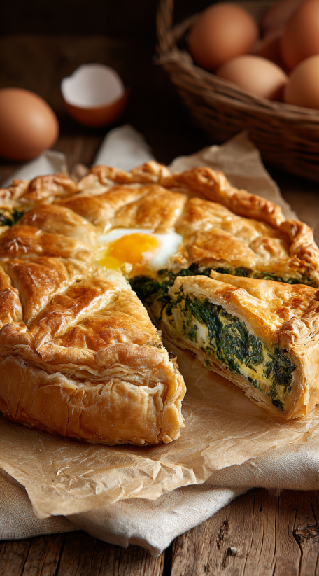 A slice of Torta Pasqualina with a fried egg in the center.