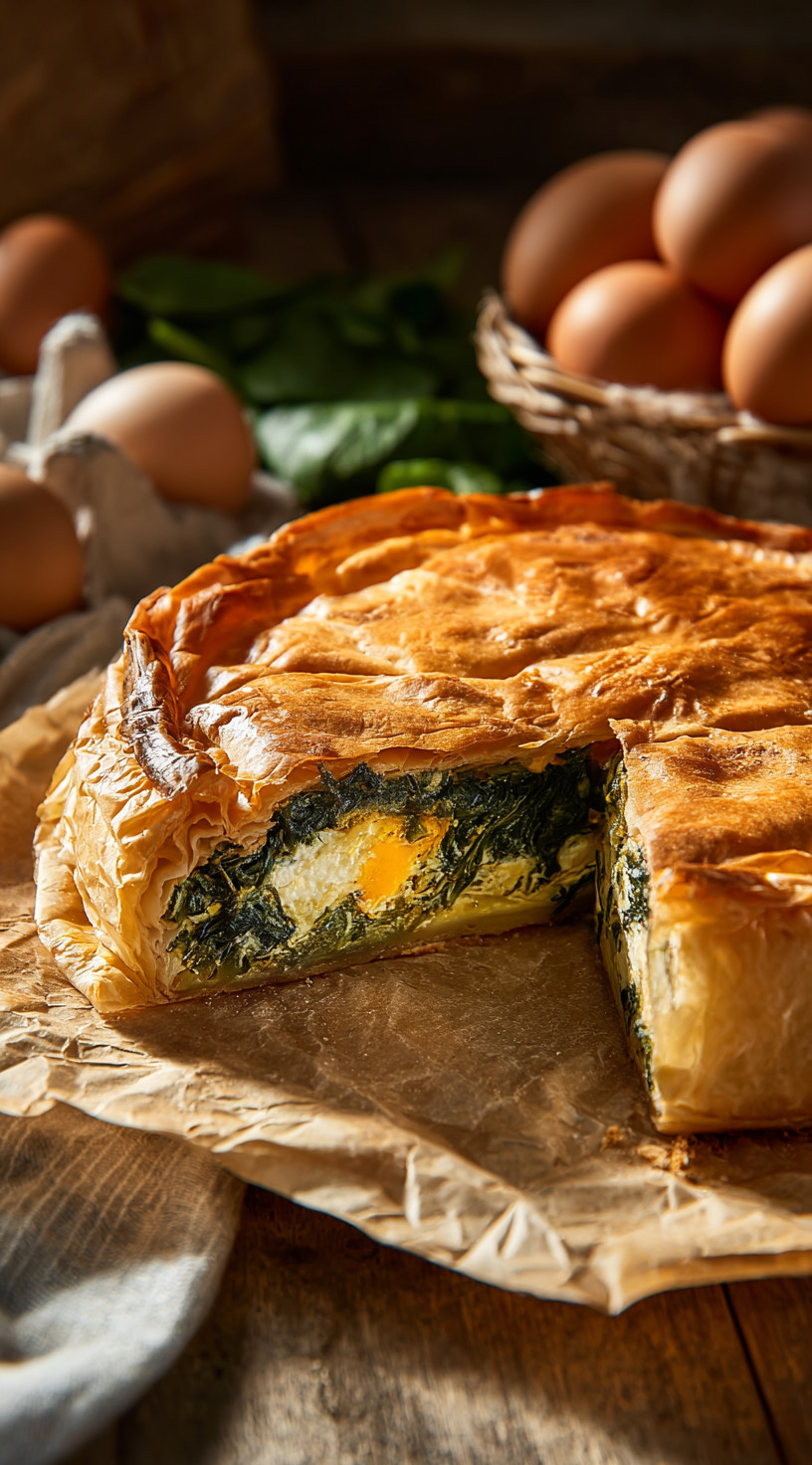 A slice of a pastry with spinach and egg.