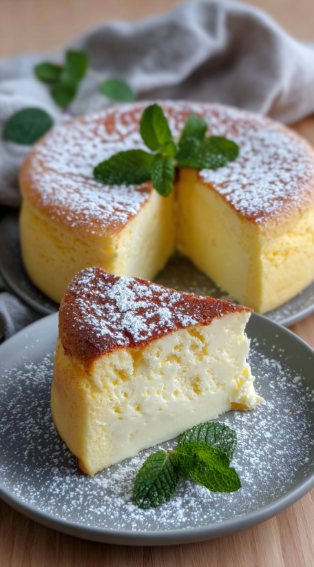A slice of Japanese cheesecake with mint leaves on top.