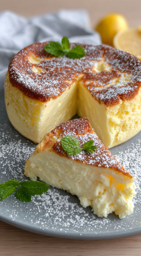 A slice of Japanese cheesecake with mint leaves on top.