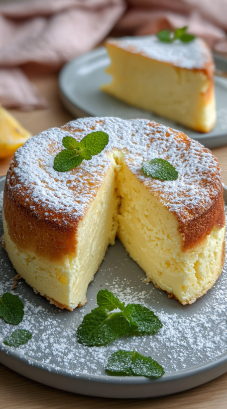 A slice of Japanese cheesecake with green leaves on top.