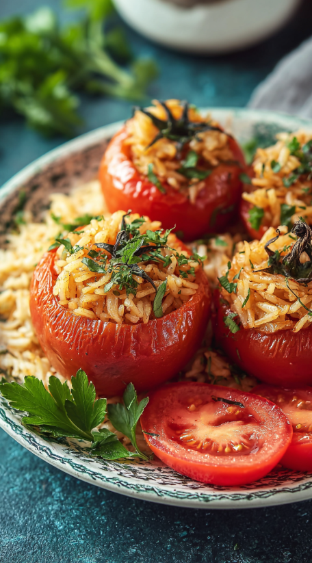 A plate of rice stuffed tomatoes.