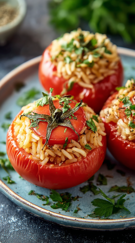 Three rice stuffed tomatoes on a plate.
