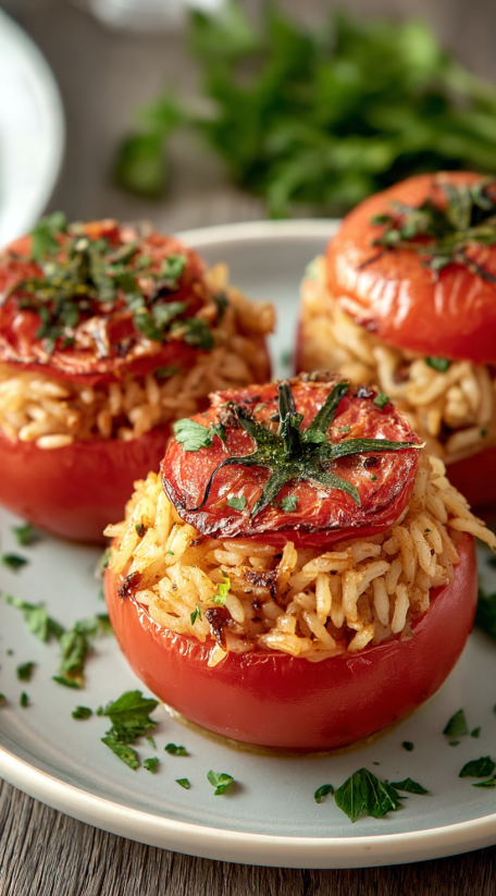 Rice stuffed tomatoes on a plate.