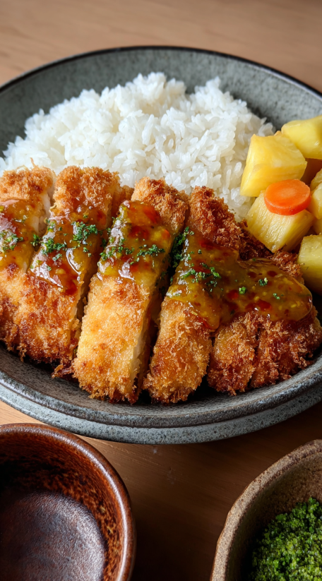 A plate of food with chicken katsu curry.