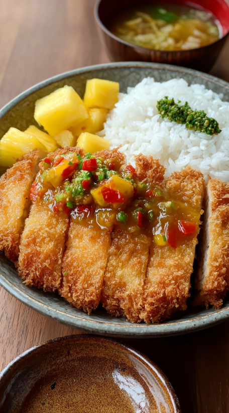 A plate of food with chicken katsu curry.