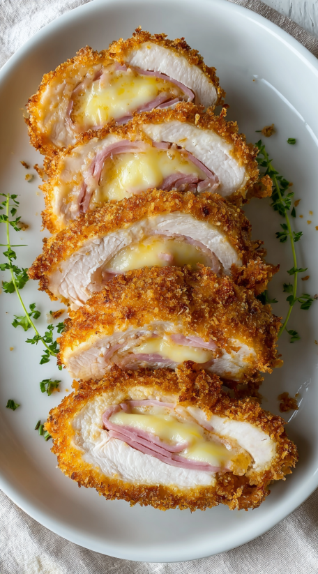 A plate of chicken cordon bleu.