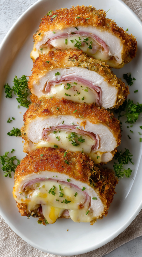 A plate of chicken cordon bleu.